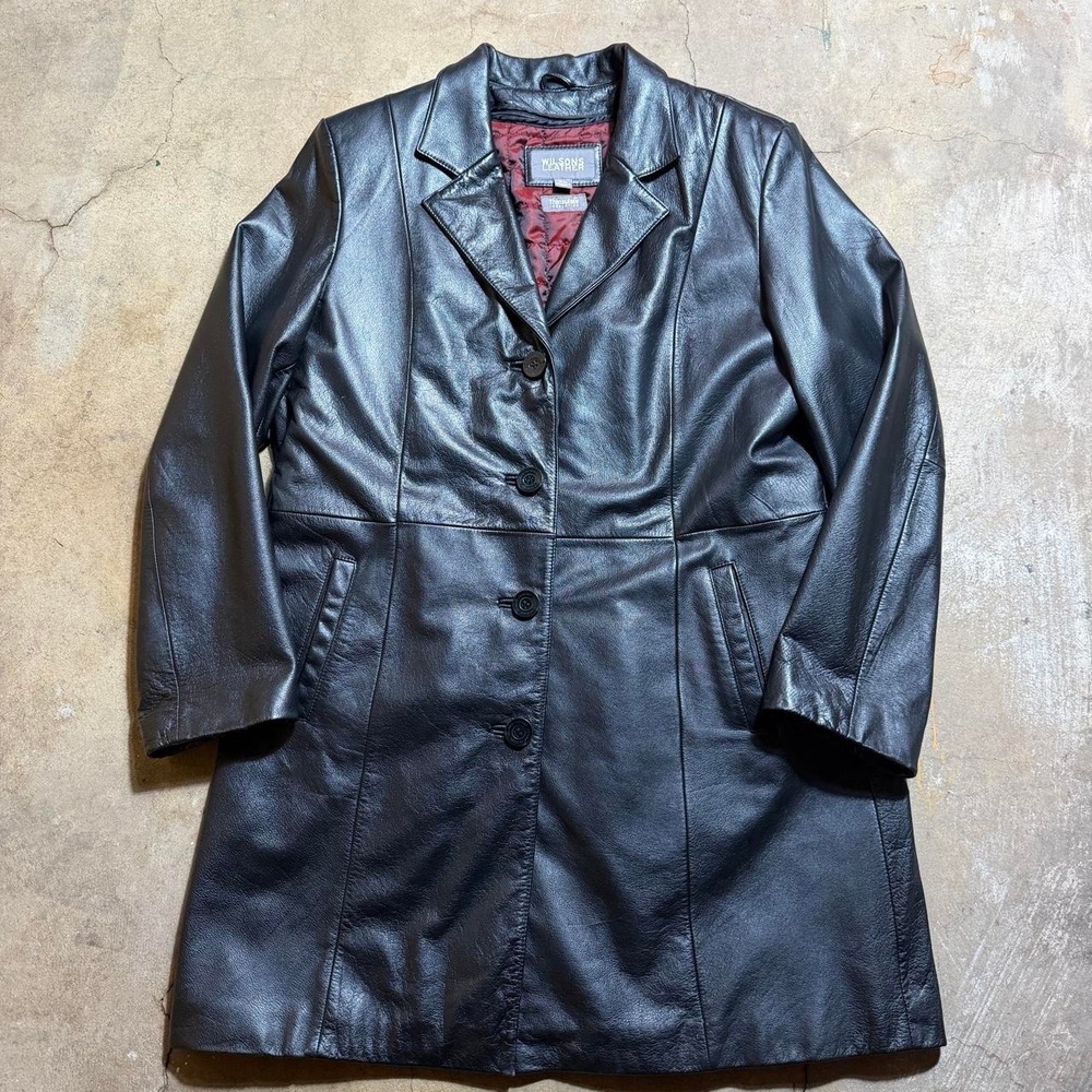 Wilsons Leather Black Genuine Leather Long Trench Coat Thinsulate Y2K XL